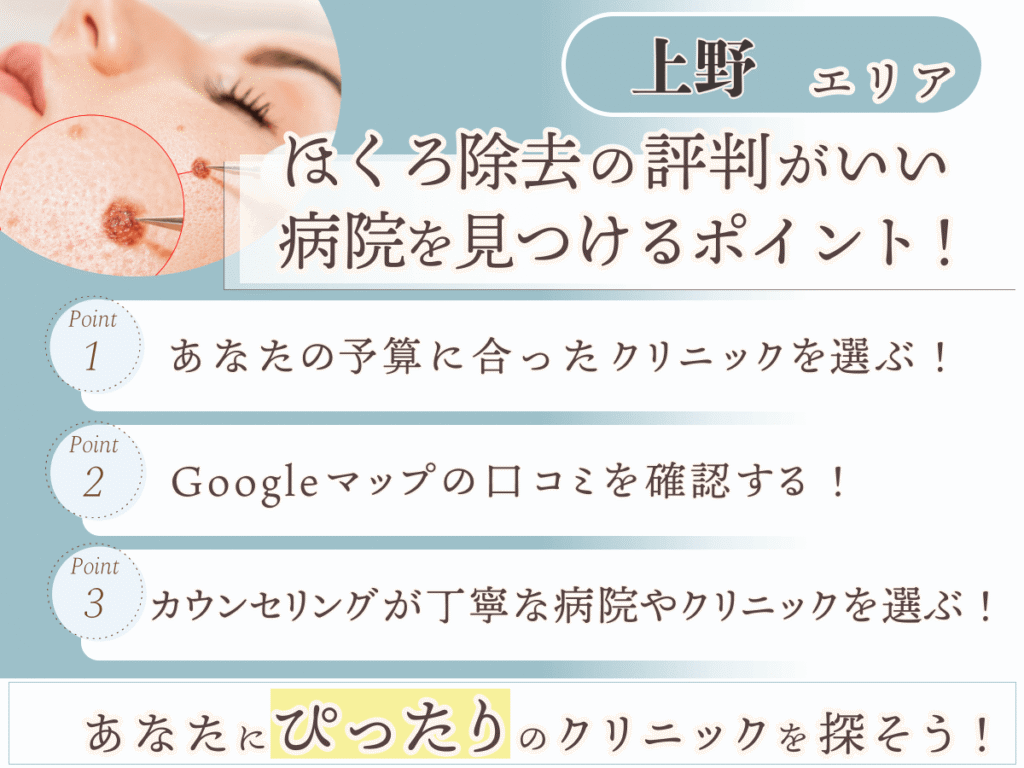上野エリアでほくろ除去の評判がいい病院を見つけるポイント